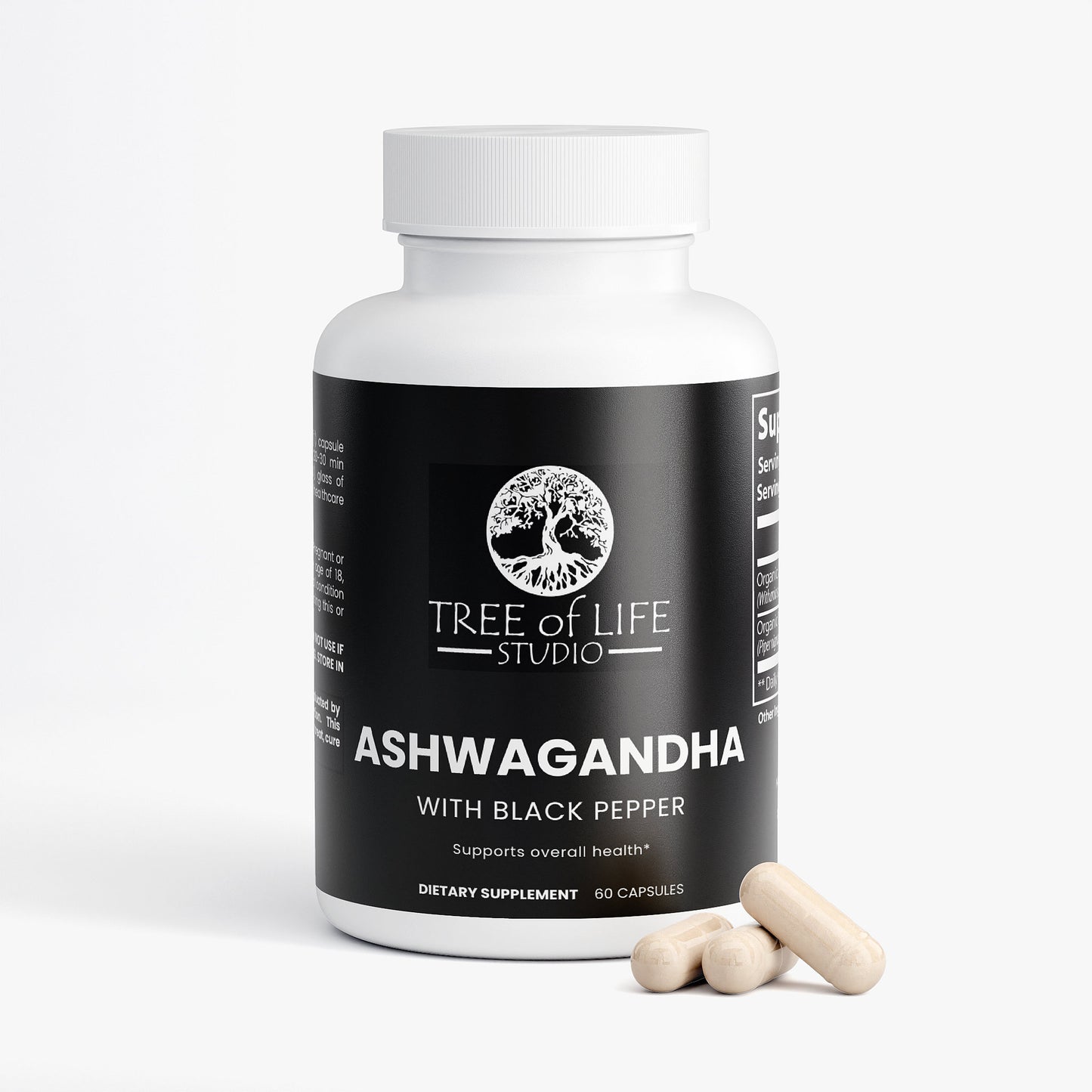 Tree of Life Studio Ashwagandha capsules with black pepper dietary supplement bottle with three capsules
