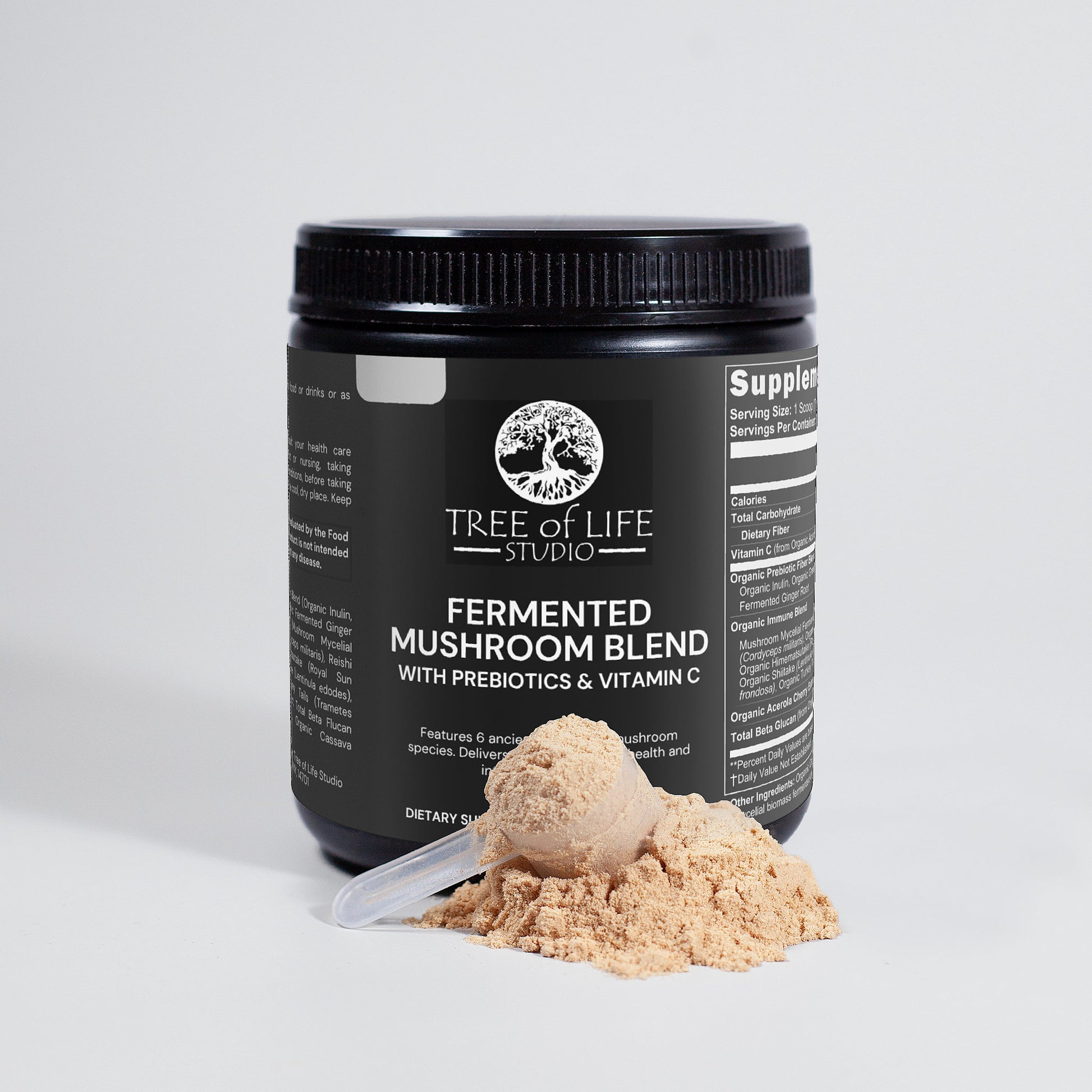 Tree of Life Studio fermented mushroom blend powder jar with scoop of best fermented mushroom blend powder