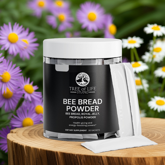 Tree of Life Studio Bee Bread Powder dietary supplement jar with sachets in nature background buy bee bread online