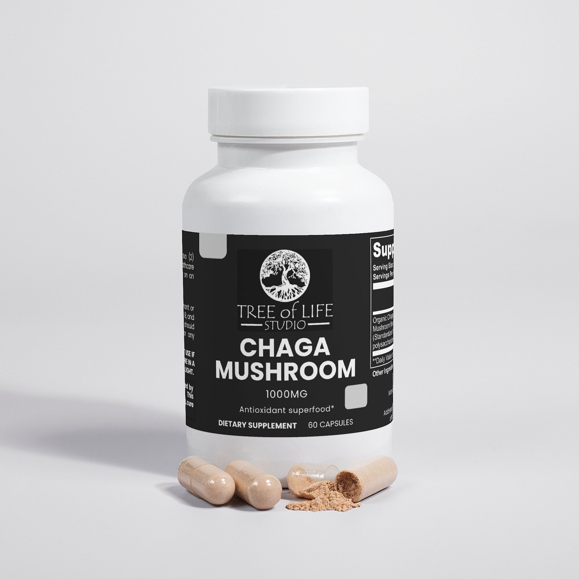Tree of Life Studio Chaga Mushroom capsules 1000mg dietary supplement with antioxidant superfood benefits