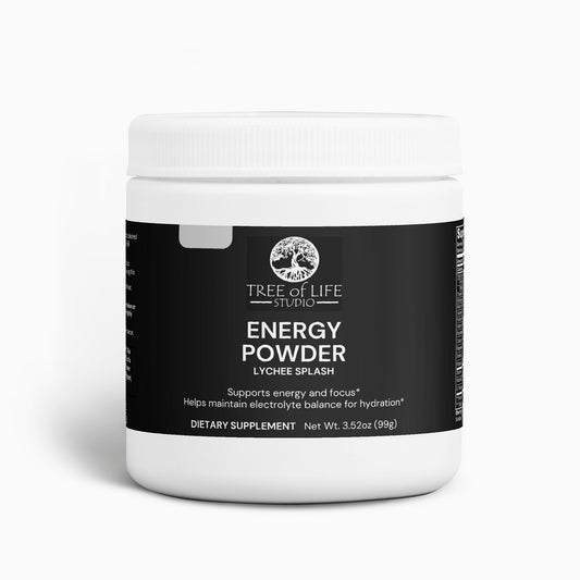 Tree of Life Studio lychee energy powder dietary supplement in a white jar with black label
