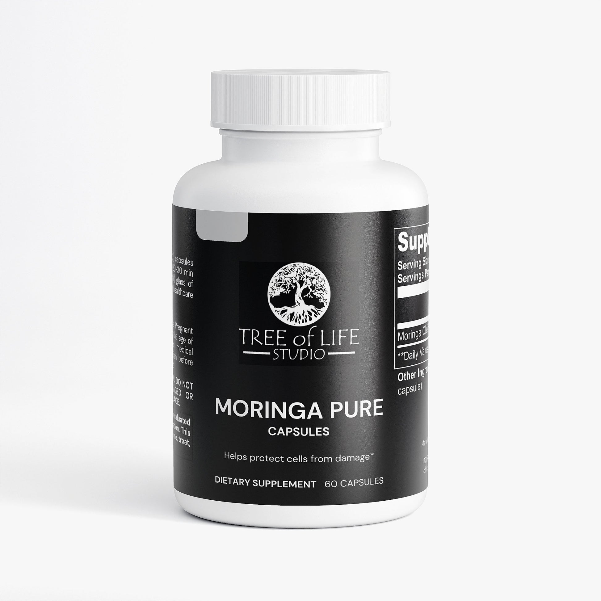 Tree of Life Studio moringa pure supplements made in USA black bottle with 60 capsules