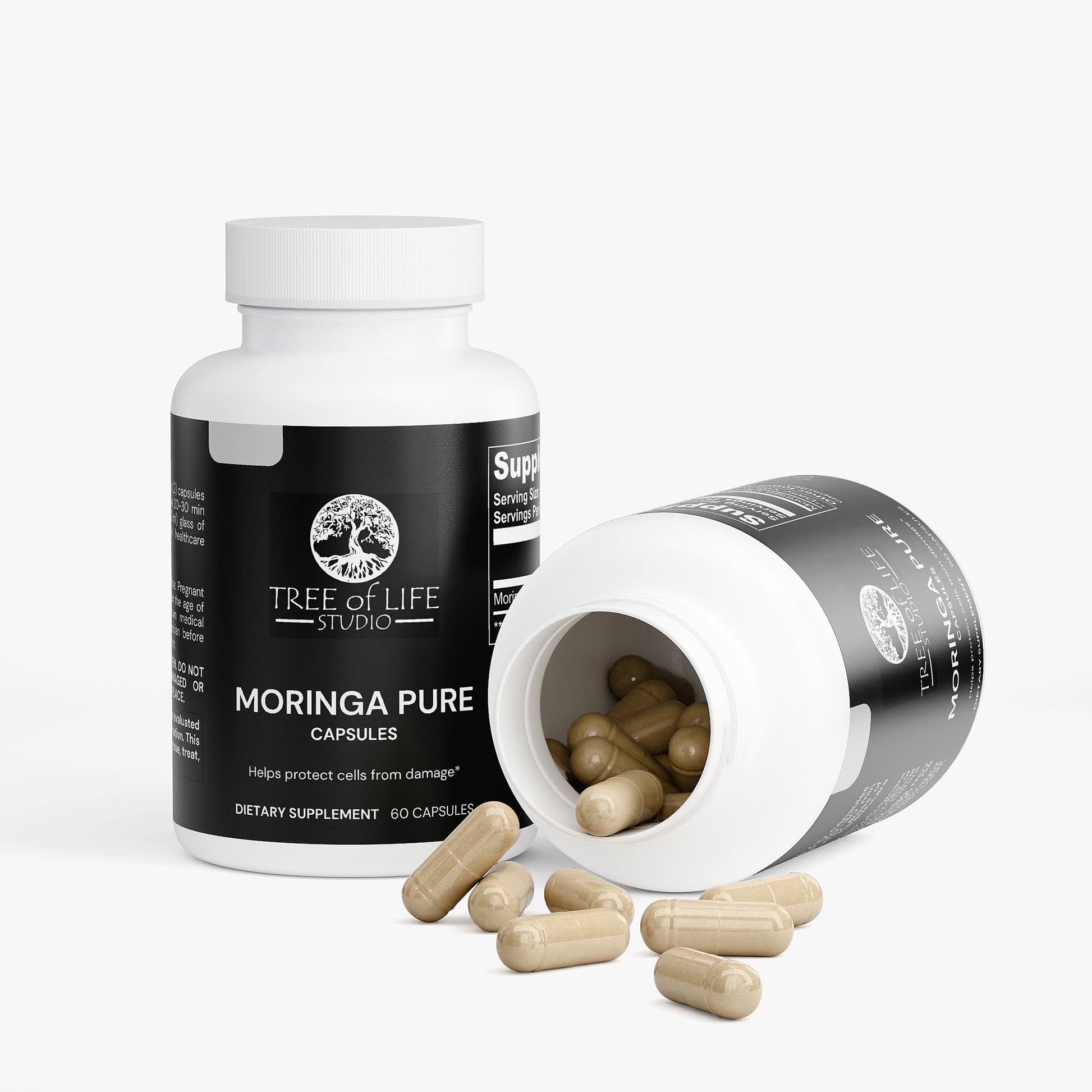 Tree of Life Studio moringa pure supplements made in USA with natural extract capsules in white bottles