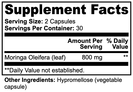 Supplement facts label for moringa pure supplements made in USA showing 800 mg Moringa Oleifera per serving