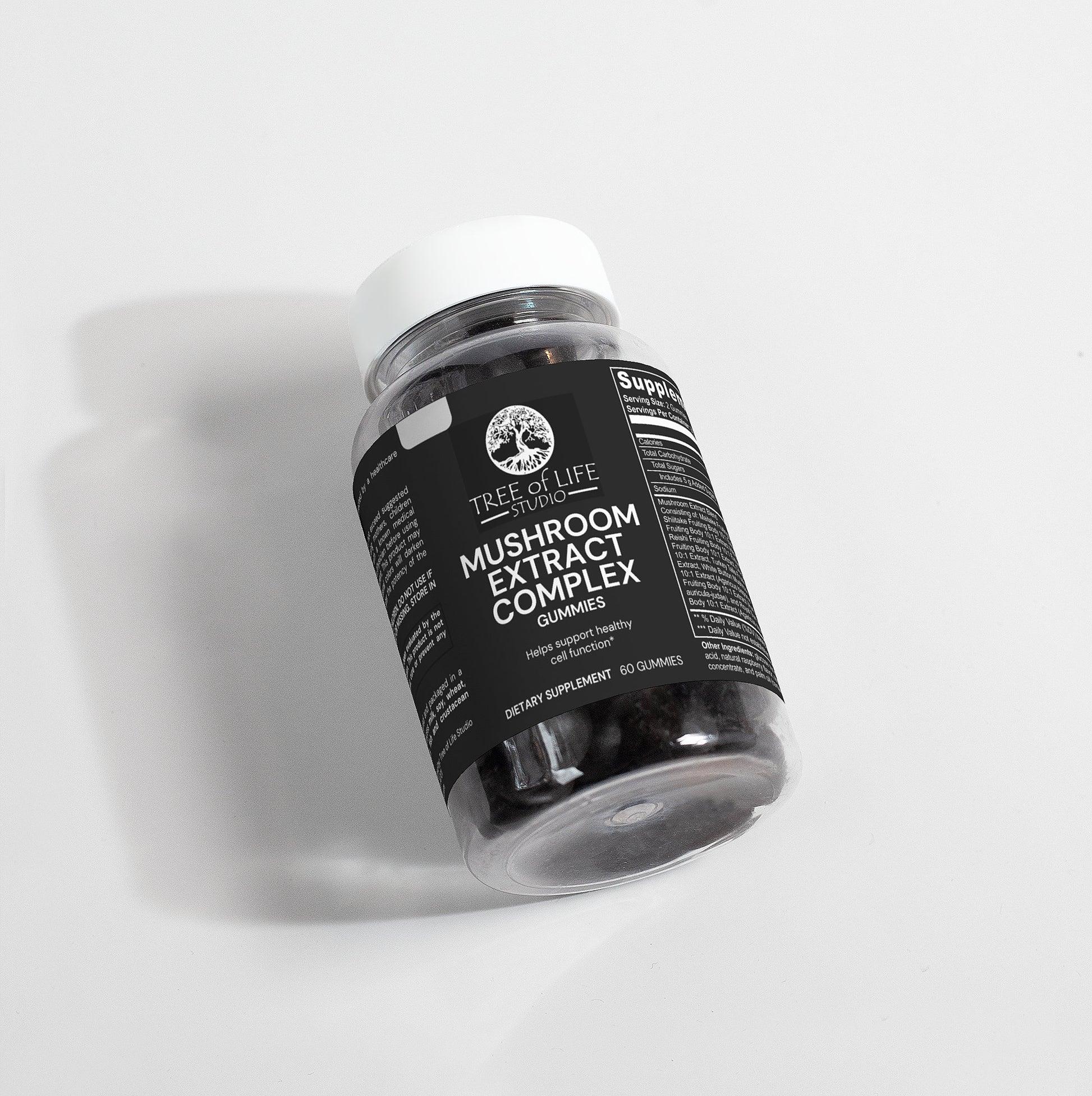 Tree of Life Studio mushroom extract complex gummies bottle with black label and white cap for immune support