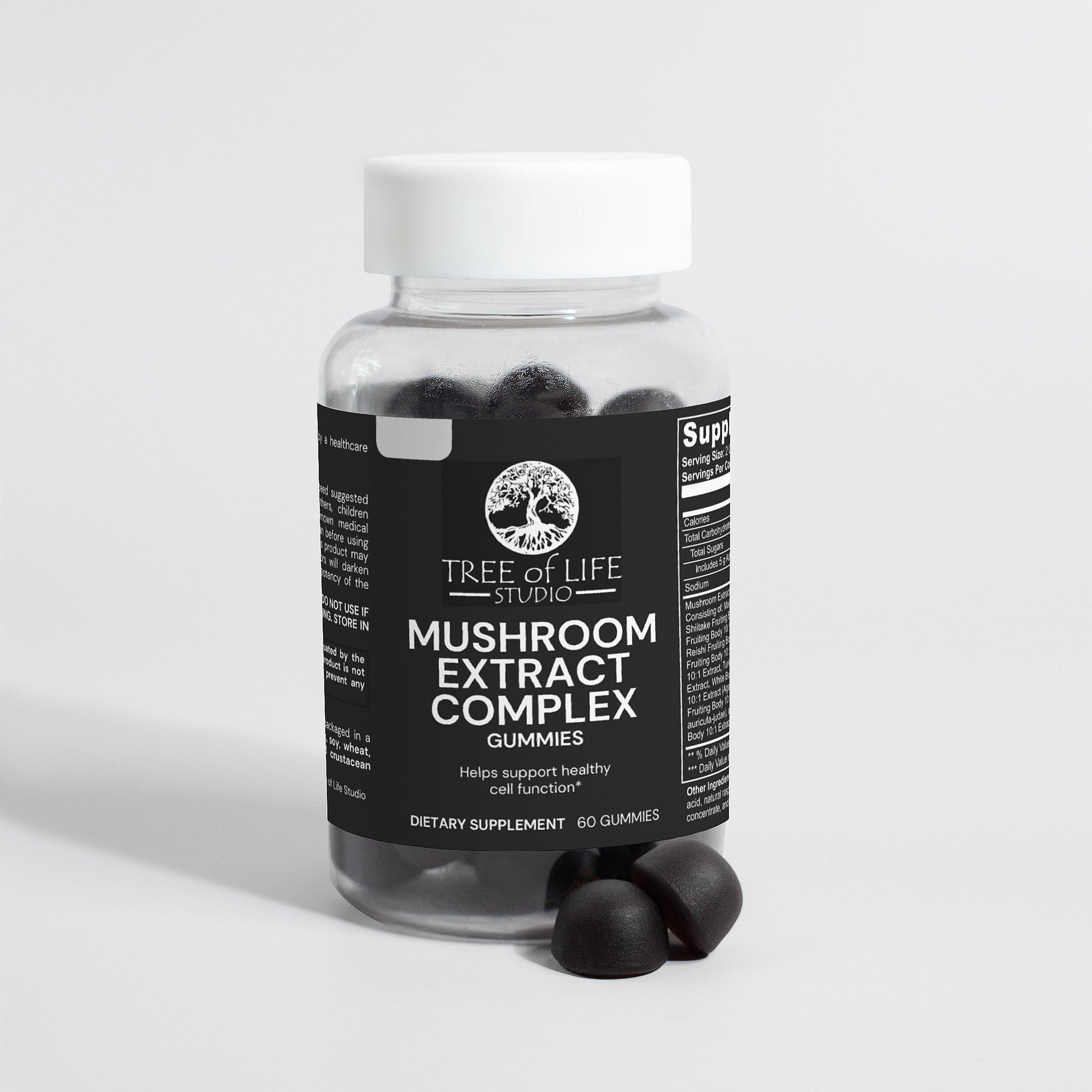 Tree of Life Studio mushroom extract complex gummies dietary supplement bottle with black gummies