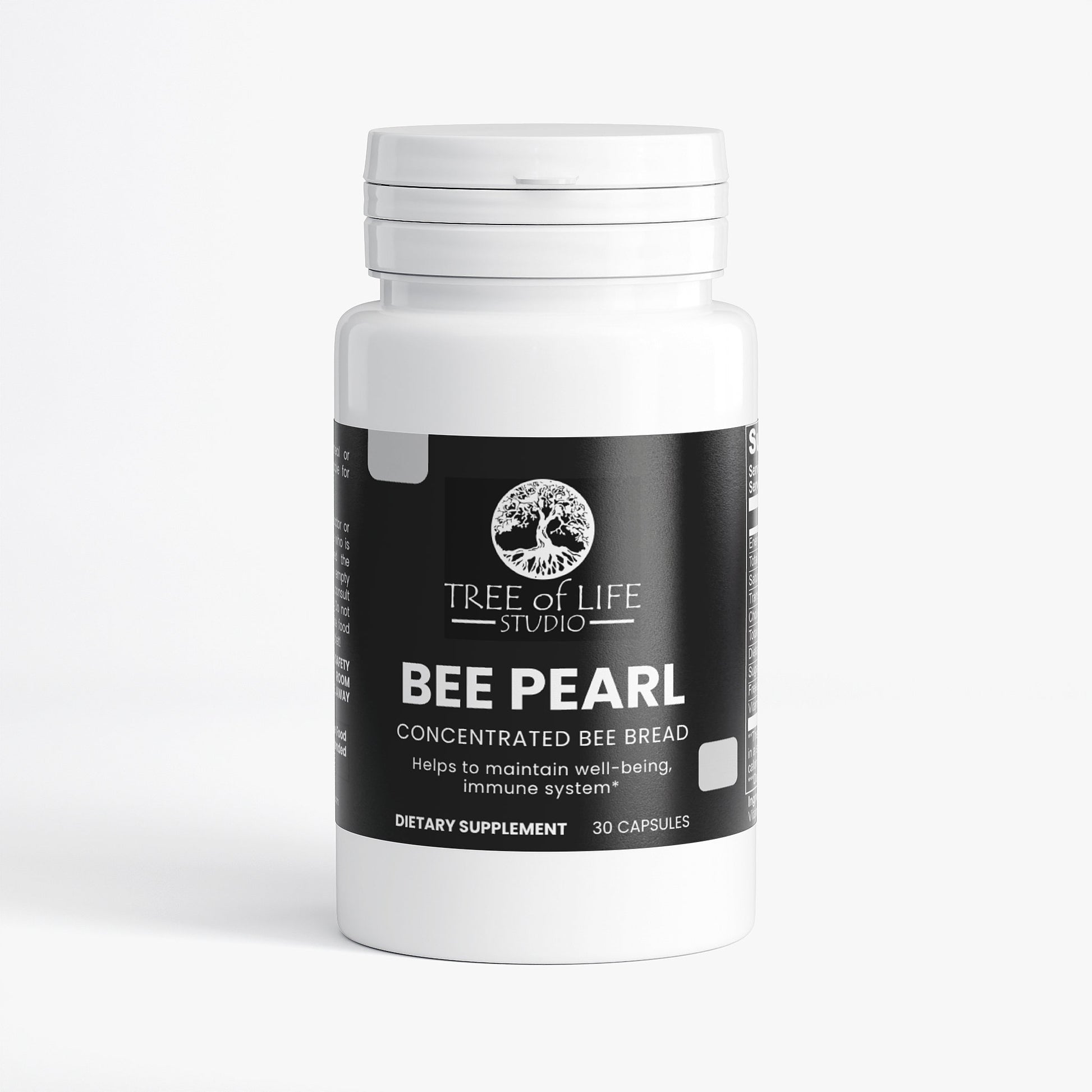Tree of Life Studio premium bee pearl dietary supplement bottle with 30 capsules for immune support