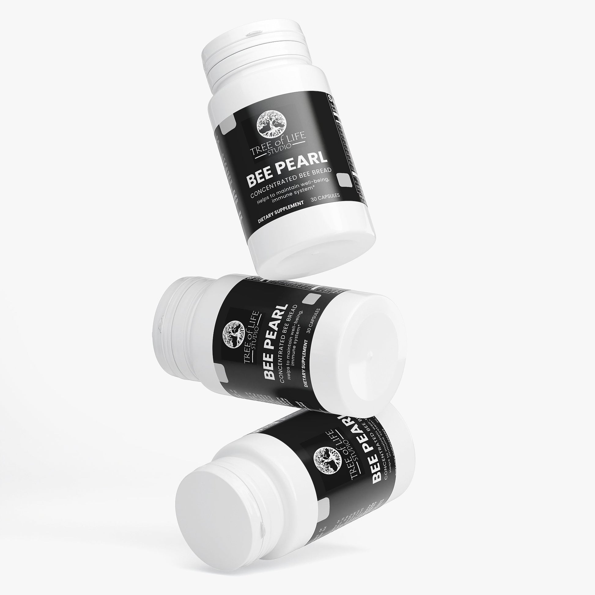Tree of Life Studio premium bee pearl dietary supplement bottles with black and white labels