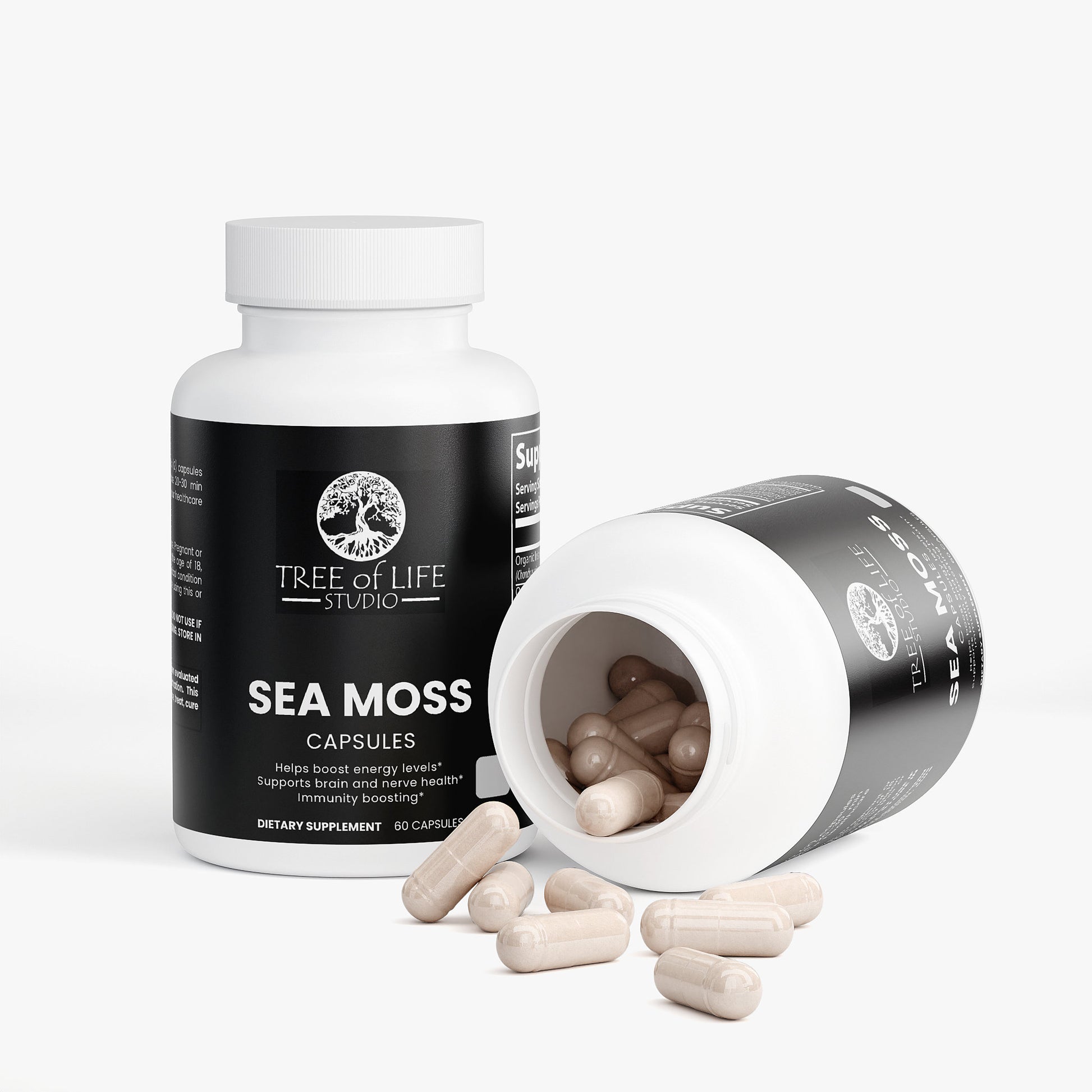 Tree of Life Studio premium sea moss capsules bottle and open container with natural extract capsules