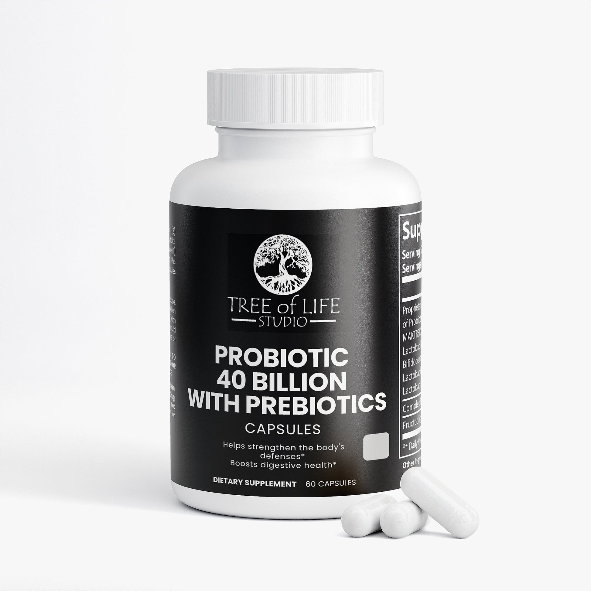 Tree of Life Studio probiotic and prebiotic 40 billion capsules dietary supplement bottle with capsules