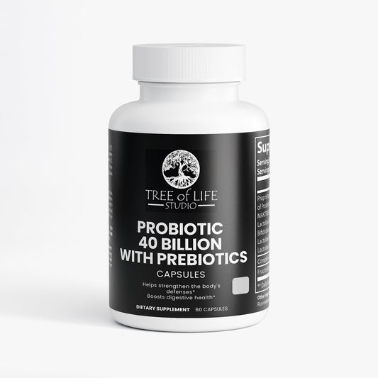Tree of Life Studio probiotic and prebiotic 40 billion capsules dietary supplement bottle