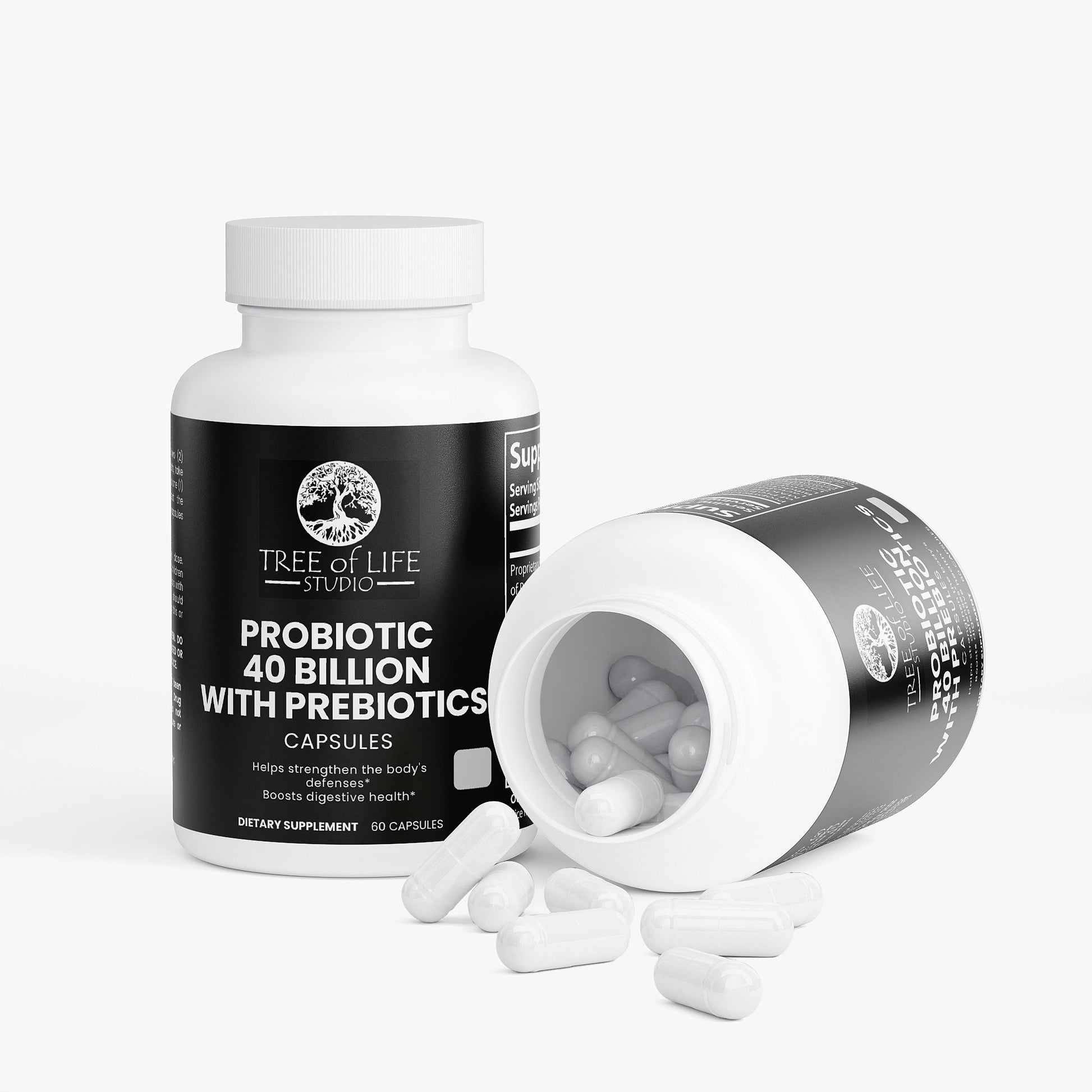 Tree of Life Studio probiotic and prebiotic 40 billion capsules dietary supplement bottles with white capsules