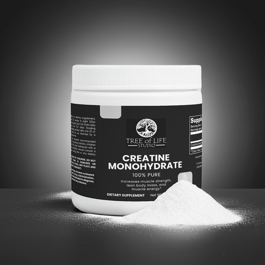 Tree of Life Studio pure creatine monohydrate powder container with white powder mound