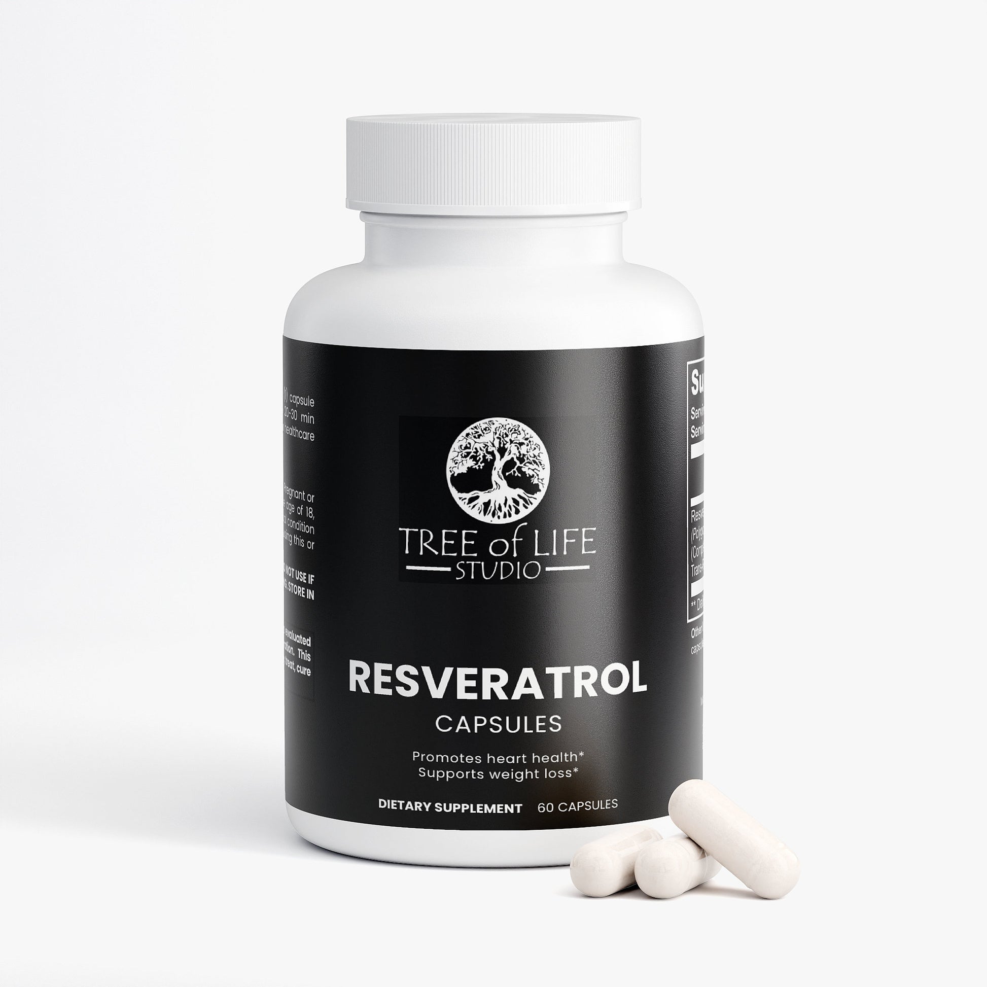 Tree of Life Studio resveratrol 600mg capsules dietary supplement bottle with white capsules