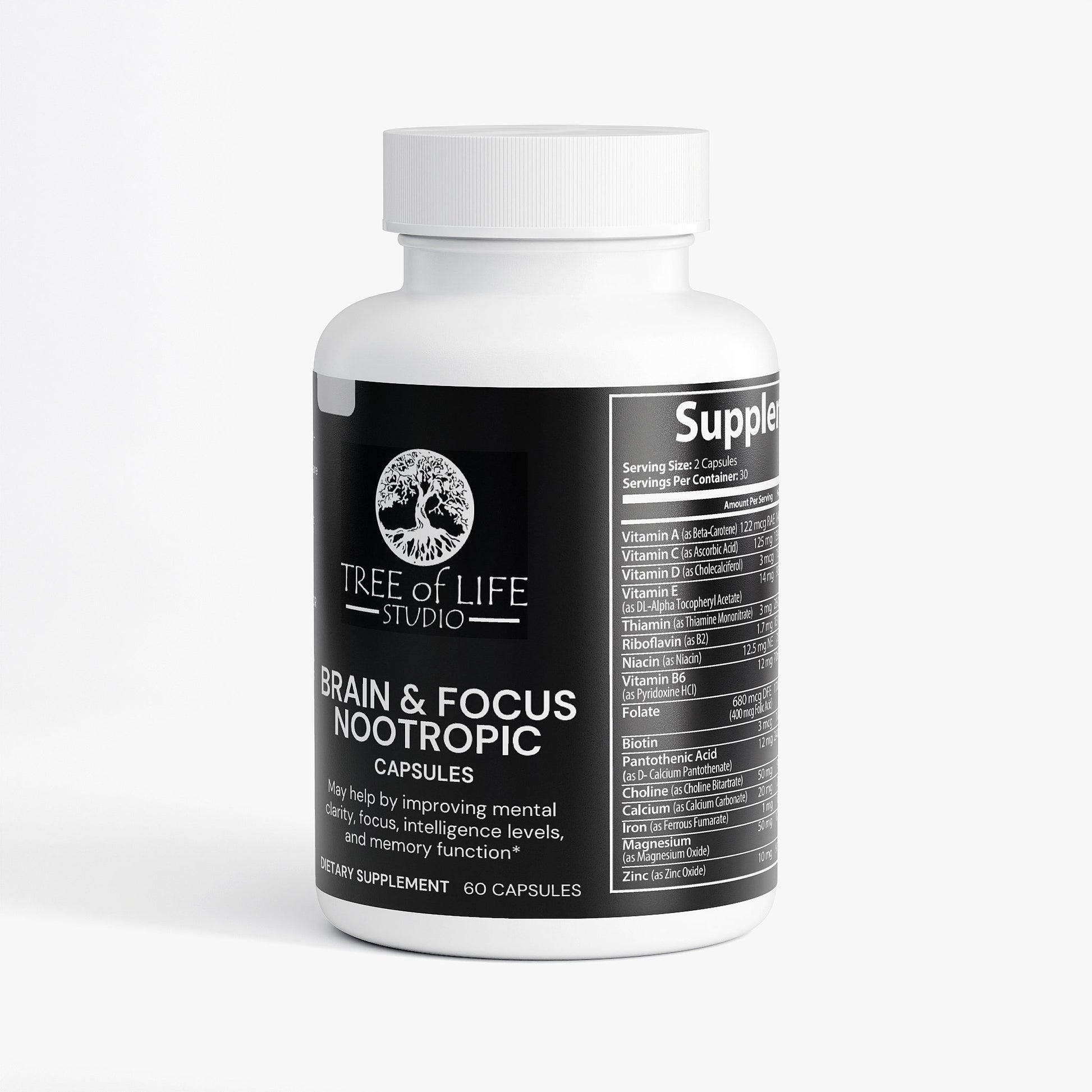 Tree of Life Studio brain and focus nootropic supplements to improve memory and focus in white bottle