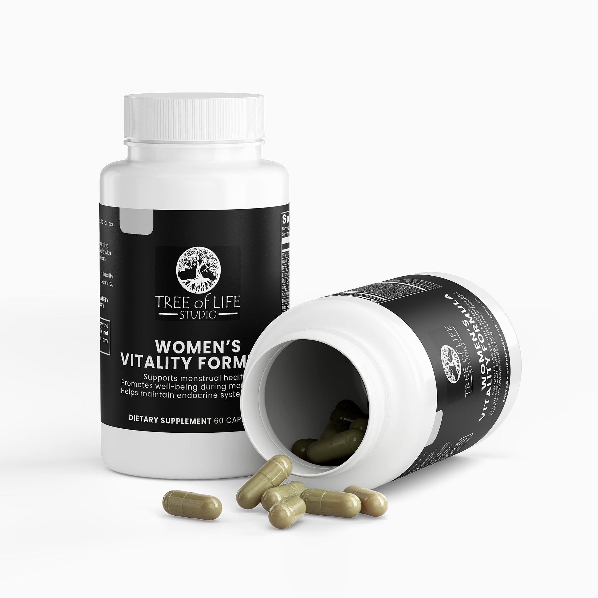 Tree of Life Studio Women's Vitality Formula dietary supplement with natural formula for menopause support in white bottles