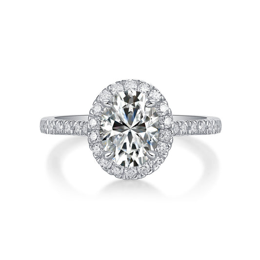 large moissanite halo ring with oval center stone and diamond accents